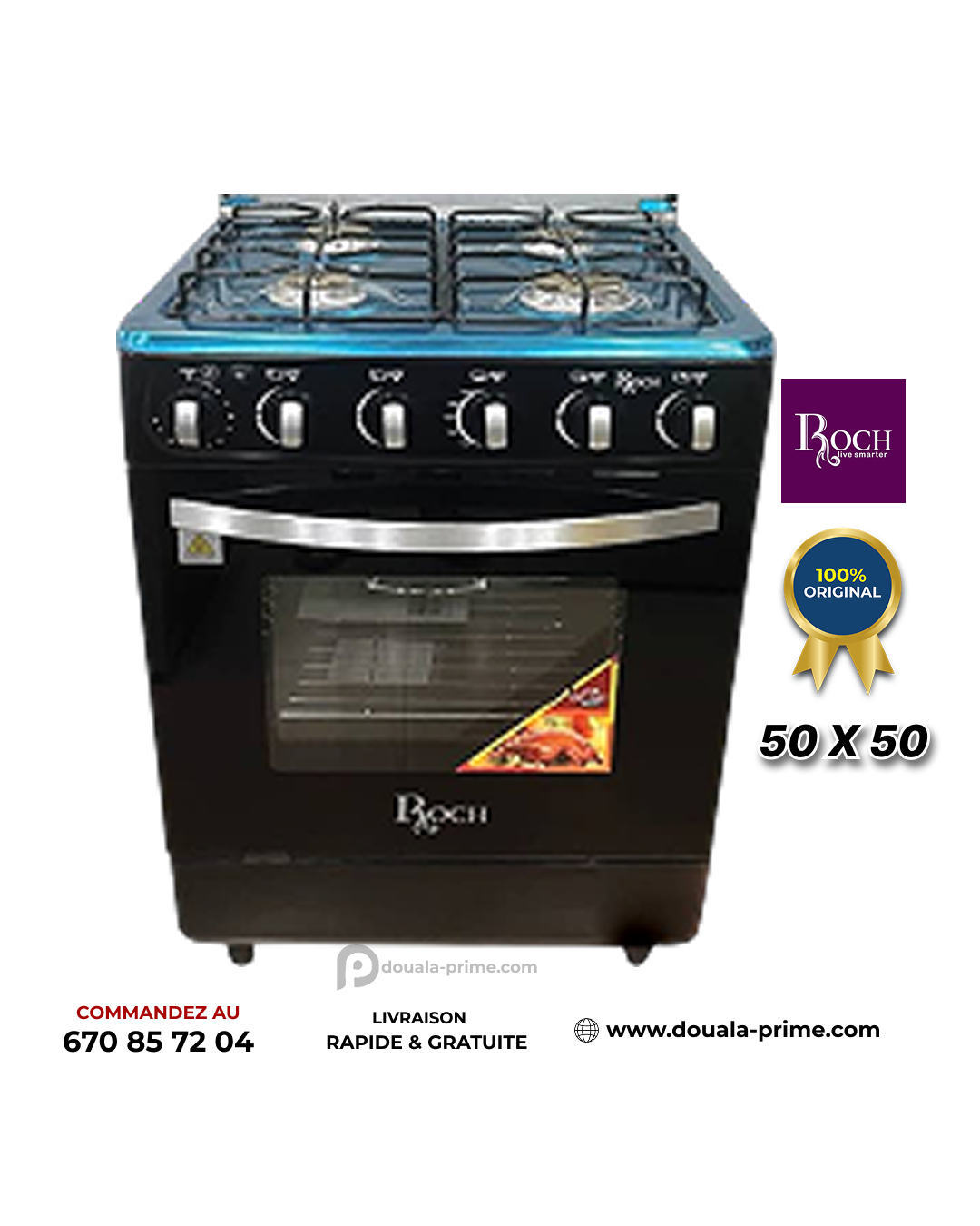 Cuisinière à Gaz 4 Feux - ROCH - 50 x 50 - Full Option-(RGC-50G4-G(B)- Noir