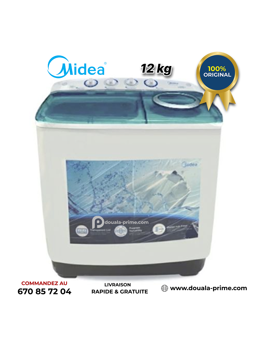 Machine à Laver Semi-Automatique - 12Kg - Midea - MT100W120 - Économique