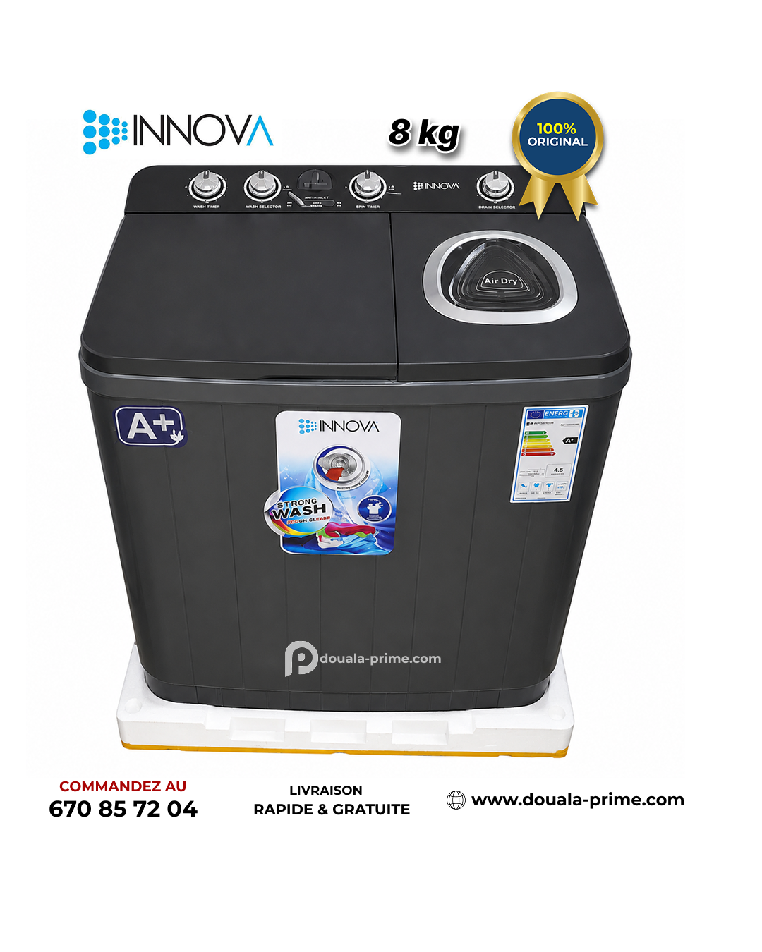 Machine à laver Semi-Automatique INNOVA 8Kg - LAVE/RINCE/ESSOR – IN-08-WM-KE - Noir