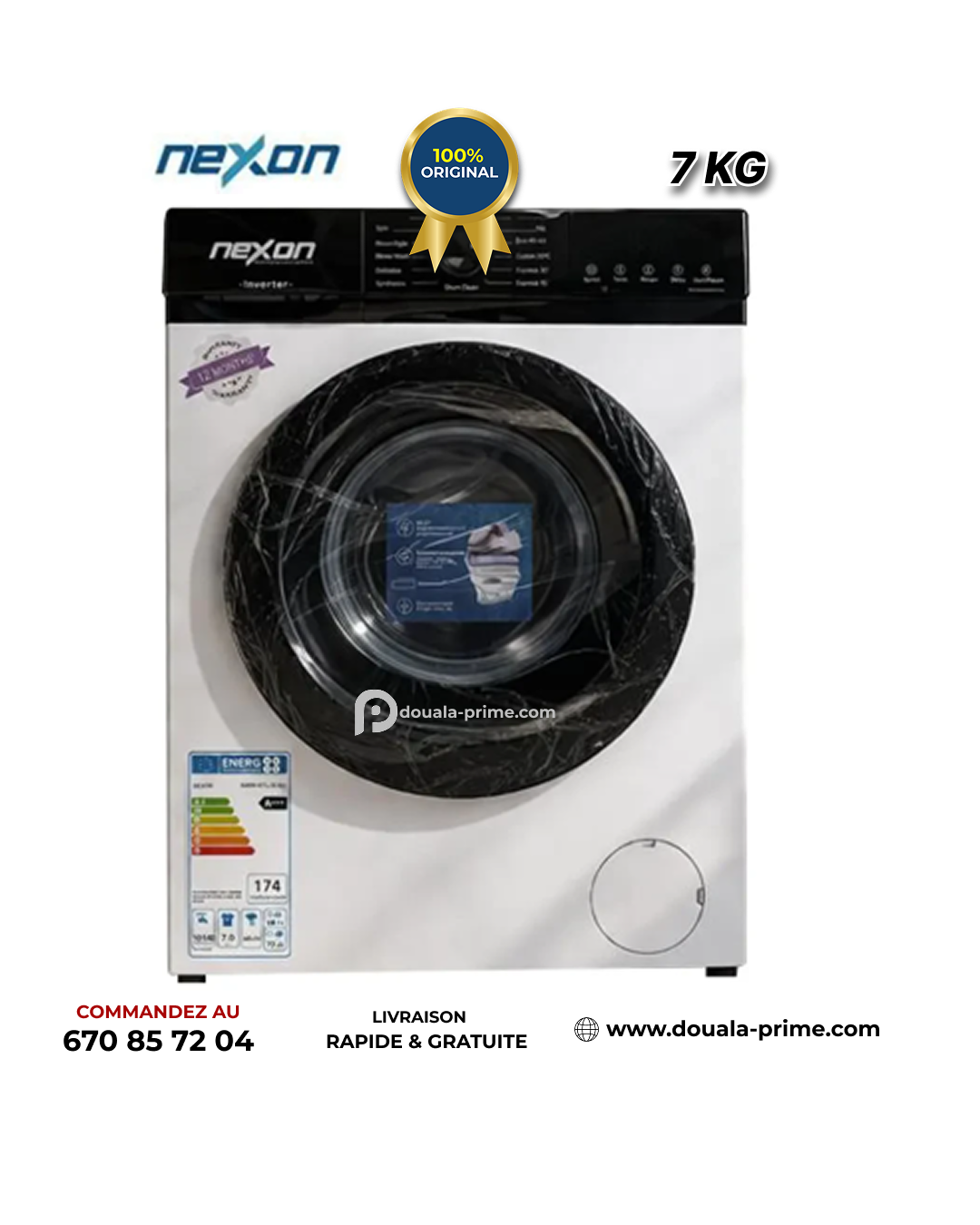 Machine à Laver Automatique NEXON – 7 Kg – Chargement Frontal – Inverter – Lavage Vapeur – Classe A+++