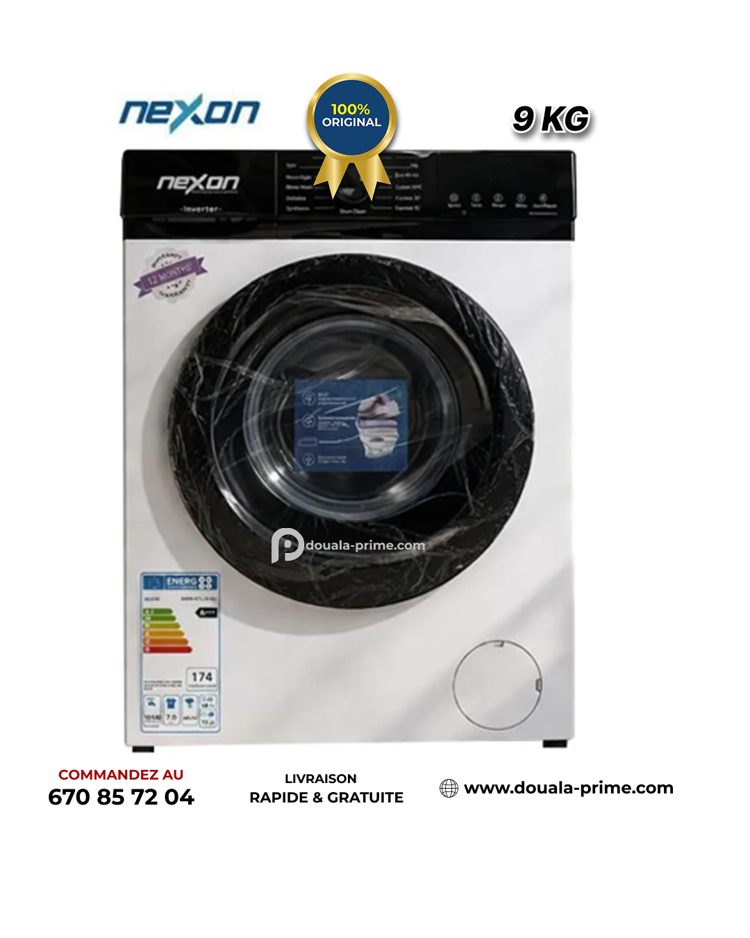 Machine à Laver Frontale NEXON – 9 Kg – Inverter – Lavage Vapeur – Grande Capacité – Classe A+++