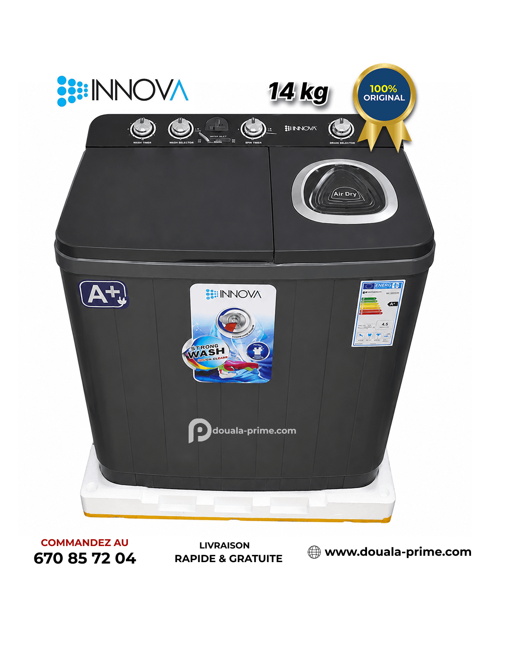 Machine à laver Semi-Automatique INNOVA 14Kg - LAVE/RINCE/ESSOR – IN-14-WM-KE - Noir