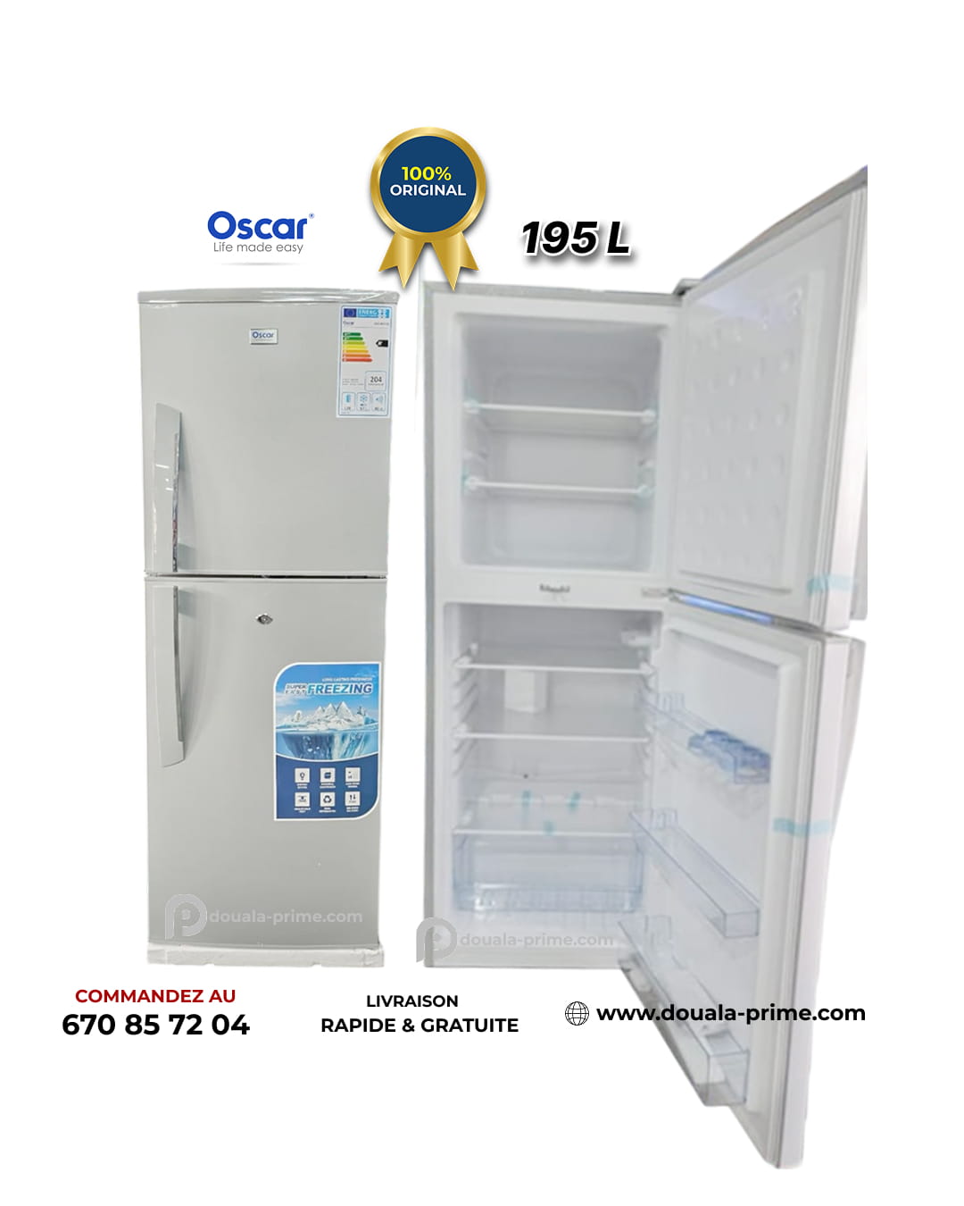 REFRIGERATEUR DOUBLE BATTANT OSCAR  OSC-R215S 195L