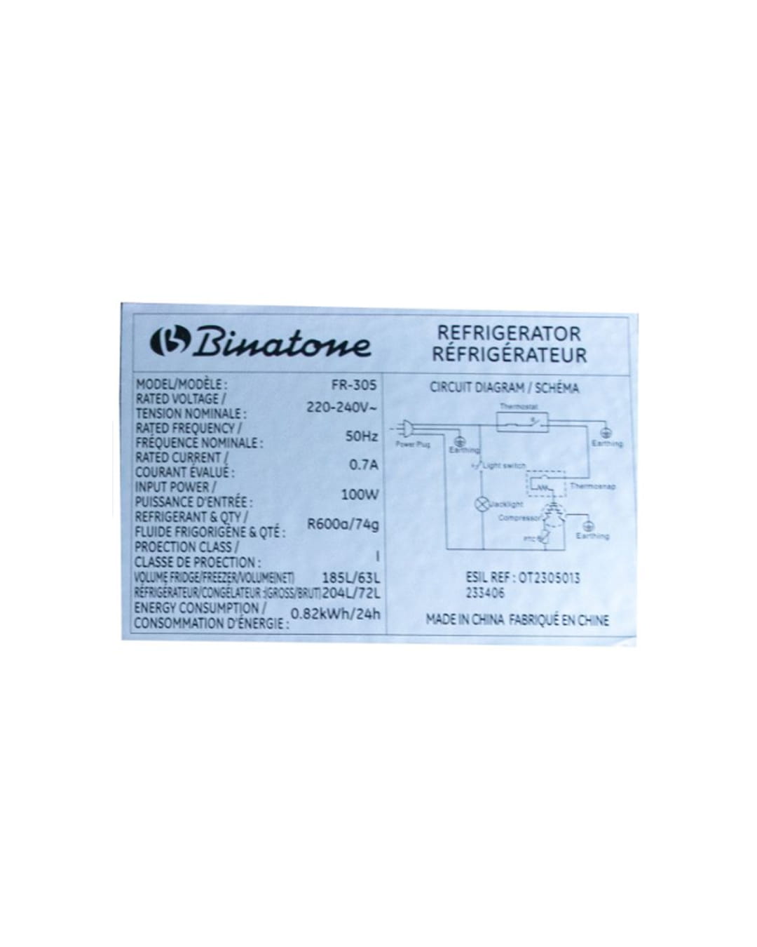 REFRIGERATEUR COMBINE BINATONE  FR-305C 248L
