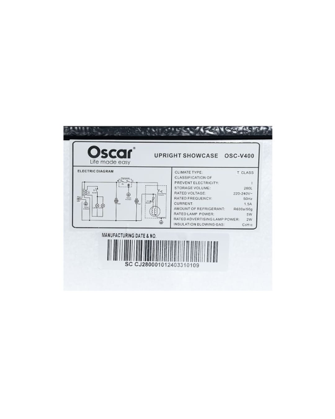 Réfrigérateur Vitrine - Oscar - Une Porte - OSC-V400 - 280 Litres - Noir