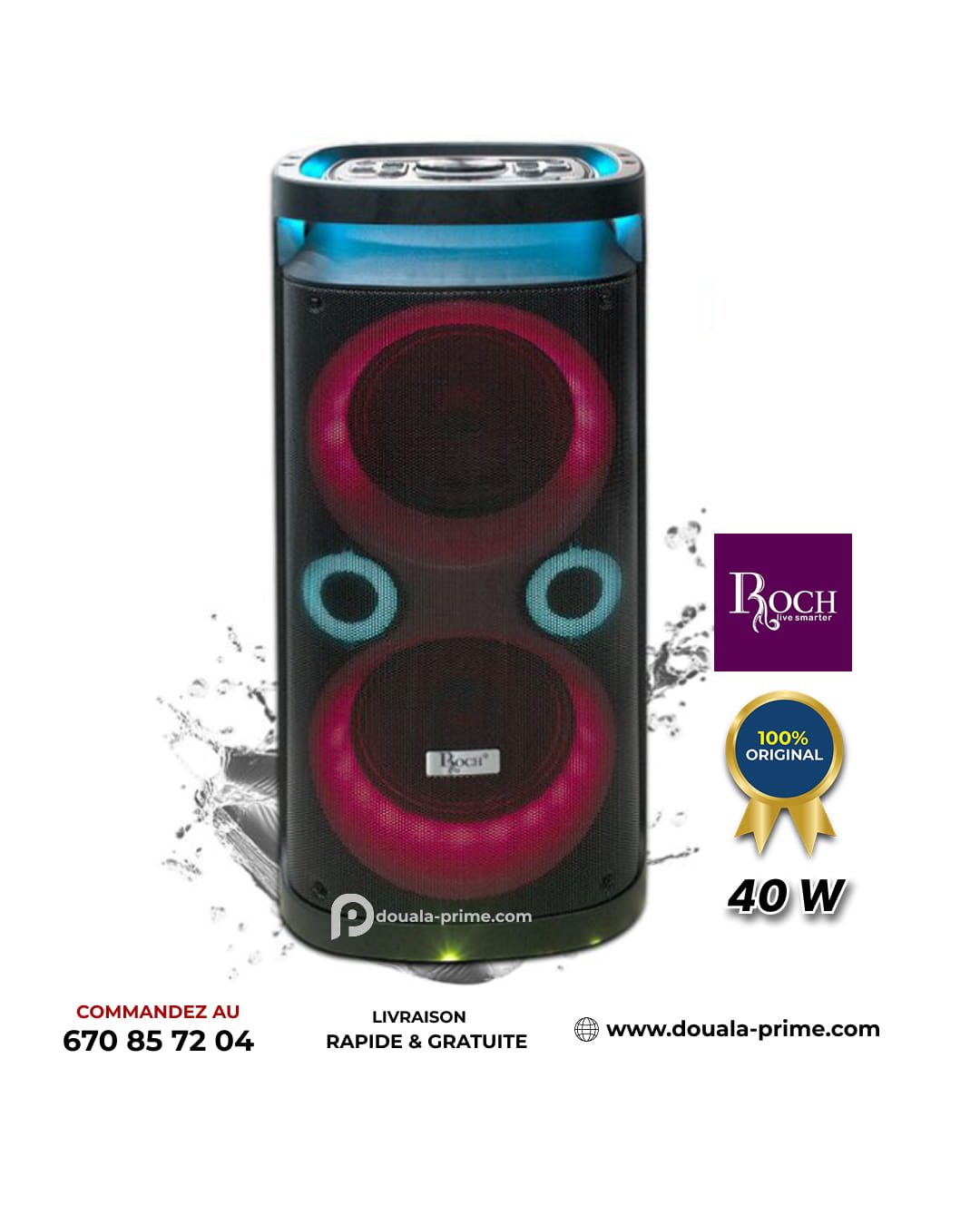 Enceinte rechargeable Roch avec micro - RPS-08M2 - 40 Watt - Bluetooth /USB/AUX /SD-carte