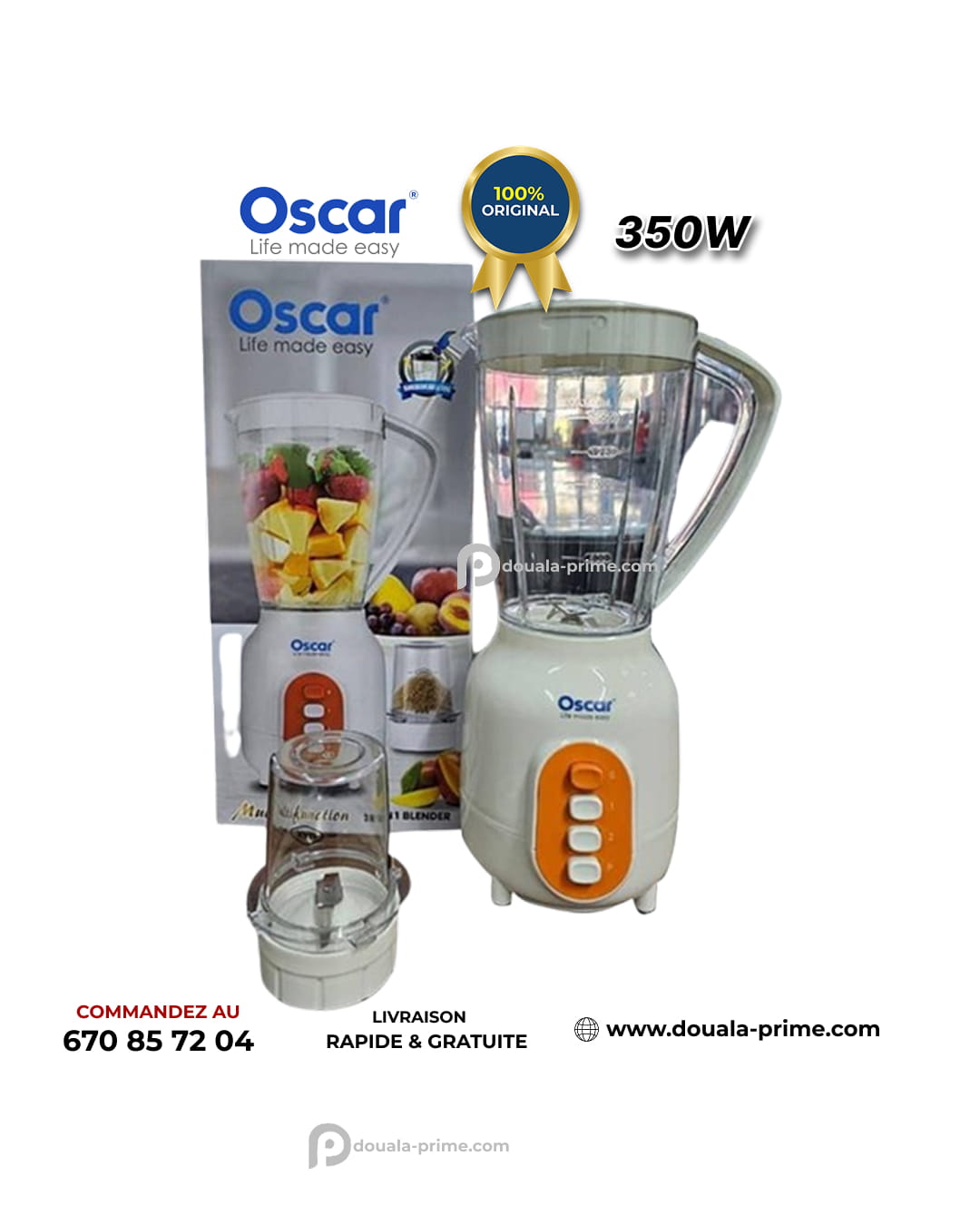 ROBOT MIXEUR OSCAR 2 EN 1 350W 1,5L BLANCHE-ORANGE