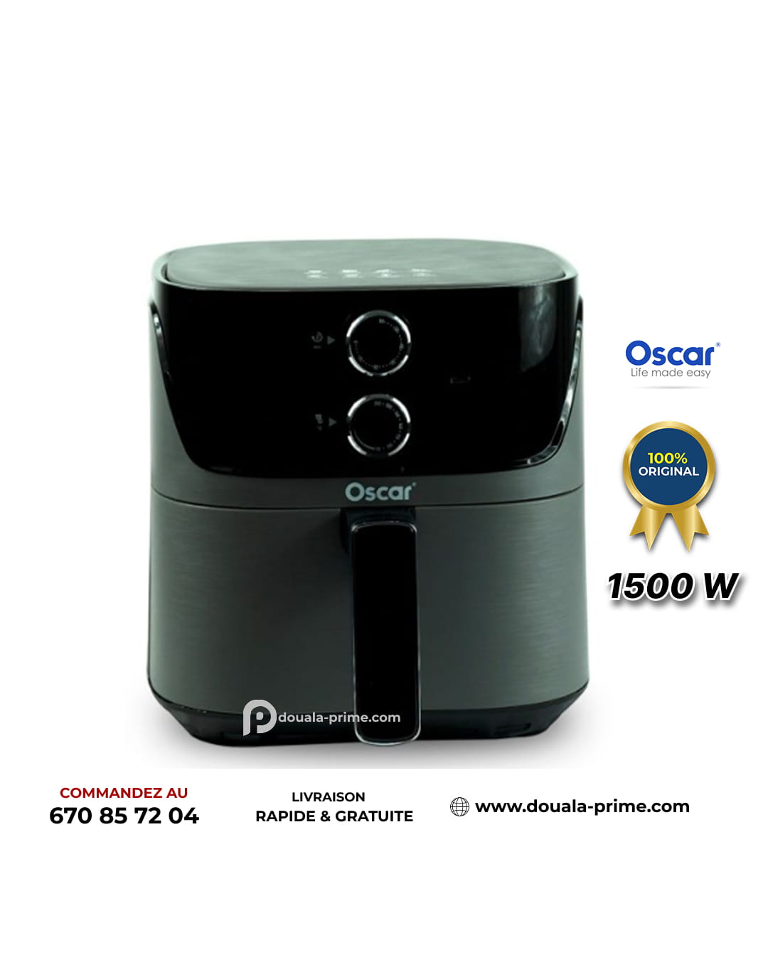 Friteuse Sans Huile Antiadhésive – OSCAR – OSC-429 – 1500W – 4 Litres – Minuterie 1-60min – Fenêtre de visualisation – Blanc/Gris Mat