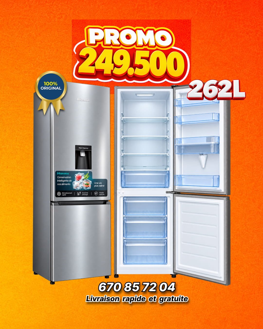 Réfrigérateur Hisense - 262 Litres - Avec distributeur d'eau - RD-35DC4SB