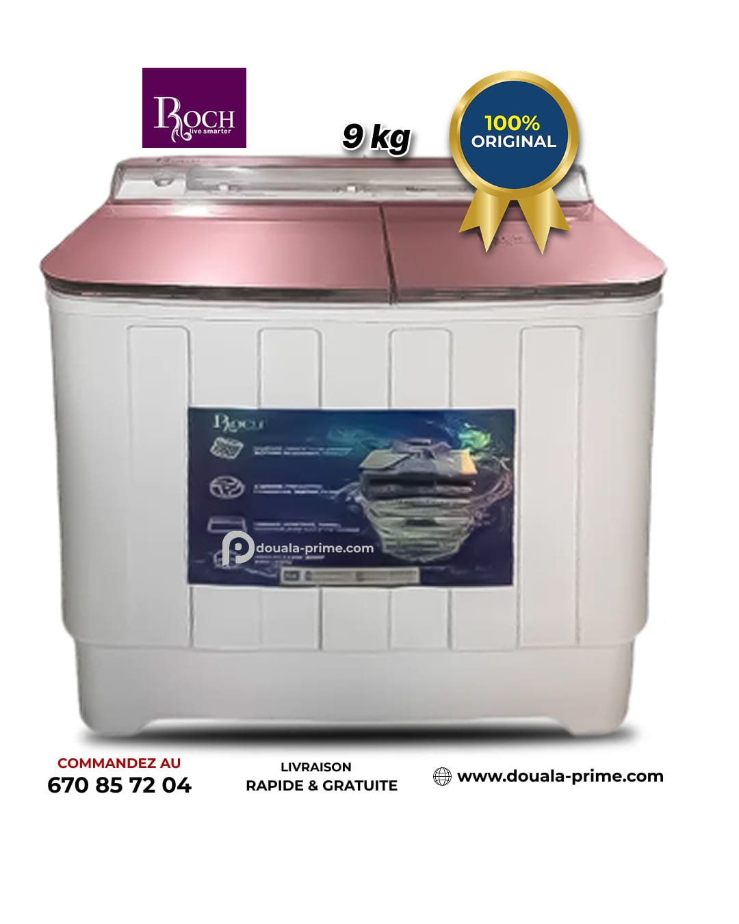 Machine à laver Roch semi-automatique 9KG-RWM-09TTG-W (PLAN EN VERRE)